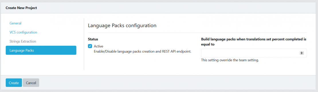 Create project Language packs tab